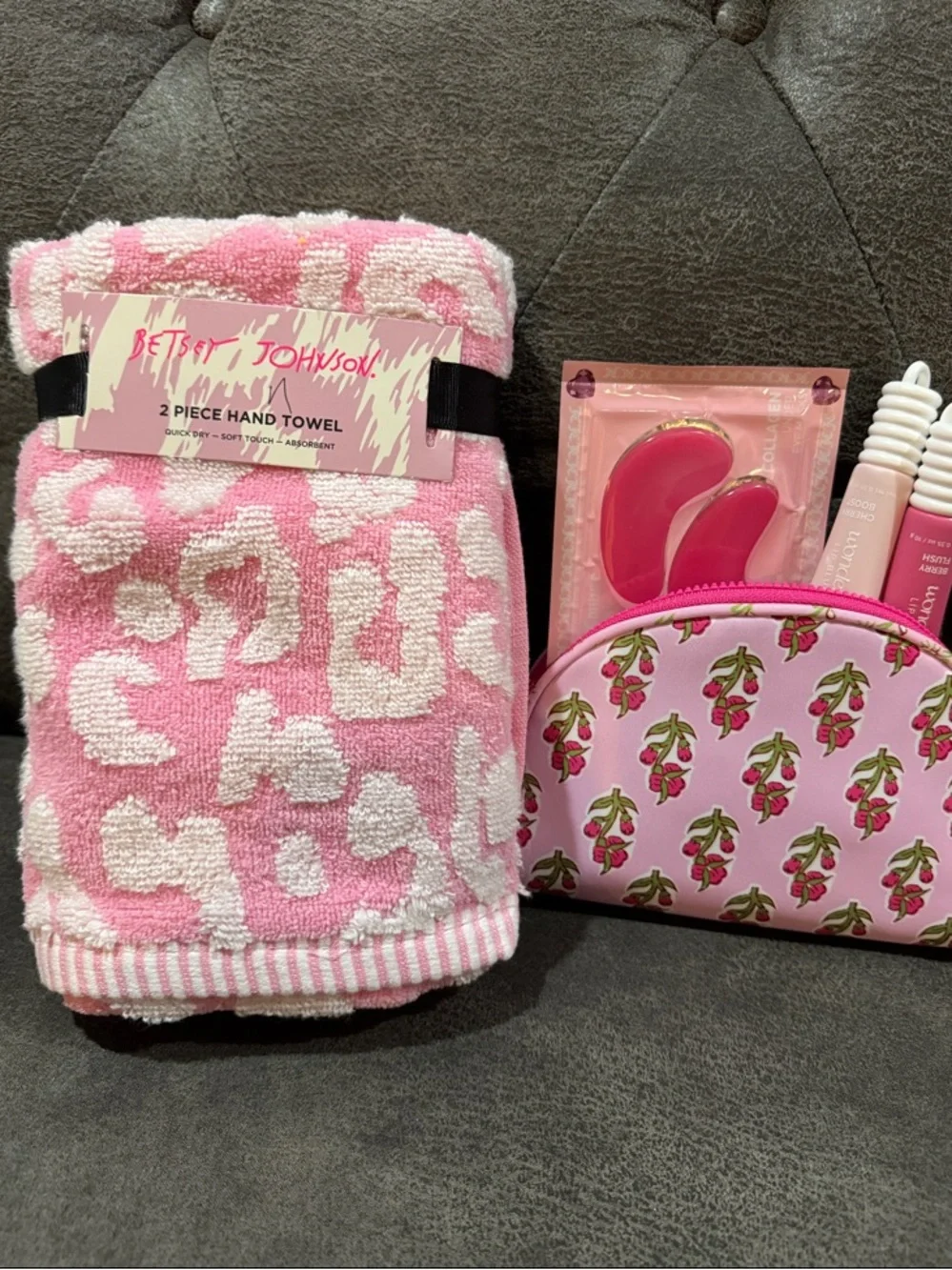Betsey Johnson Pink Leopard Hand Towel - 2 Piece Set and Makeup Bag Set